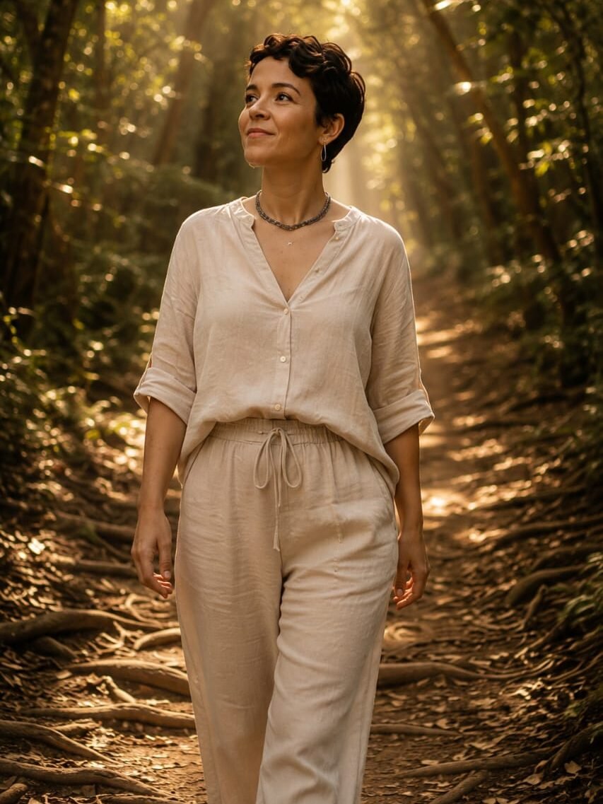 Jimeny Santos caminhando em uma floresta